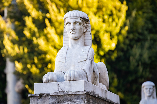 Ancient statue of Sphinx at Piazza del Popolo in Rome Italy near Borghese Park