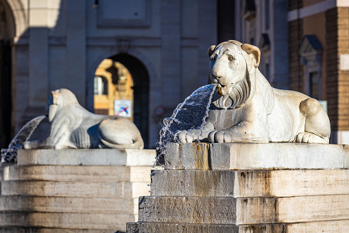 Lions fountain at Piazza del Popolo in Rome near Borghese park