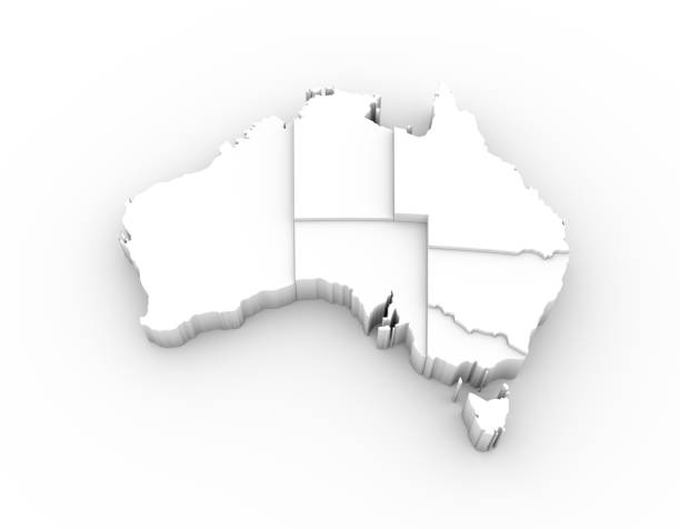 australia mappa 3d bianco con membri graduale e clipping path - extruded foto e immagini stock