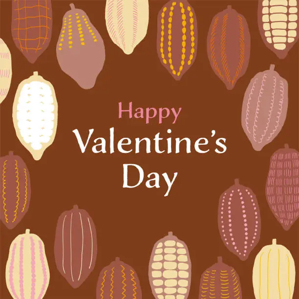Vector illustration of Hand-painted Valentine's Day frame composed of cocoa beans.