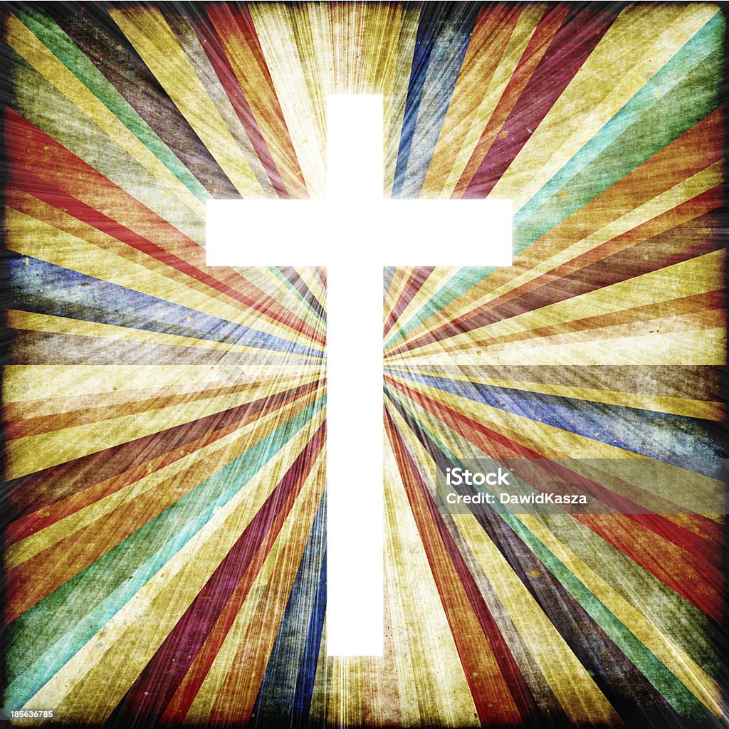 Cross with light shafts. Faith symbol. Stained Glass Stock Photo