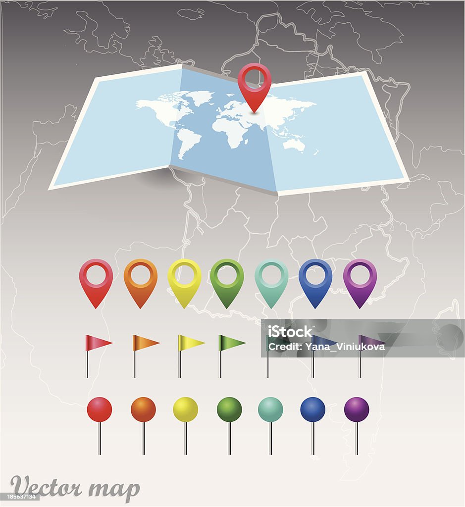 Vector map of the world y navegación de iconos, contactos - arte vectorial de Arreglar libre de derechos
