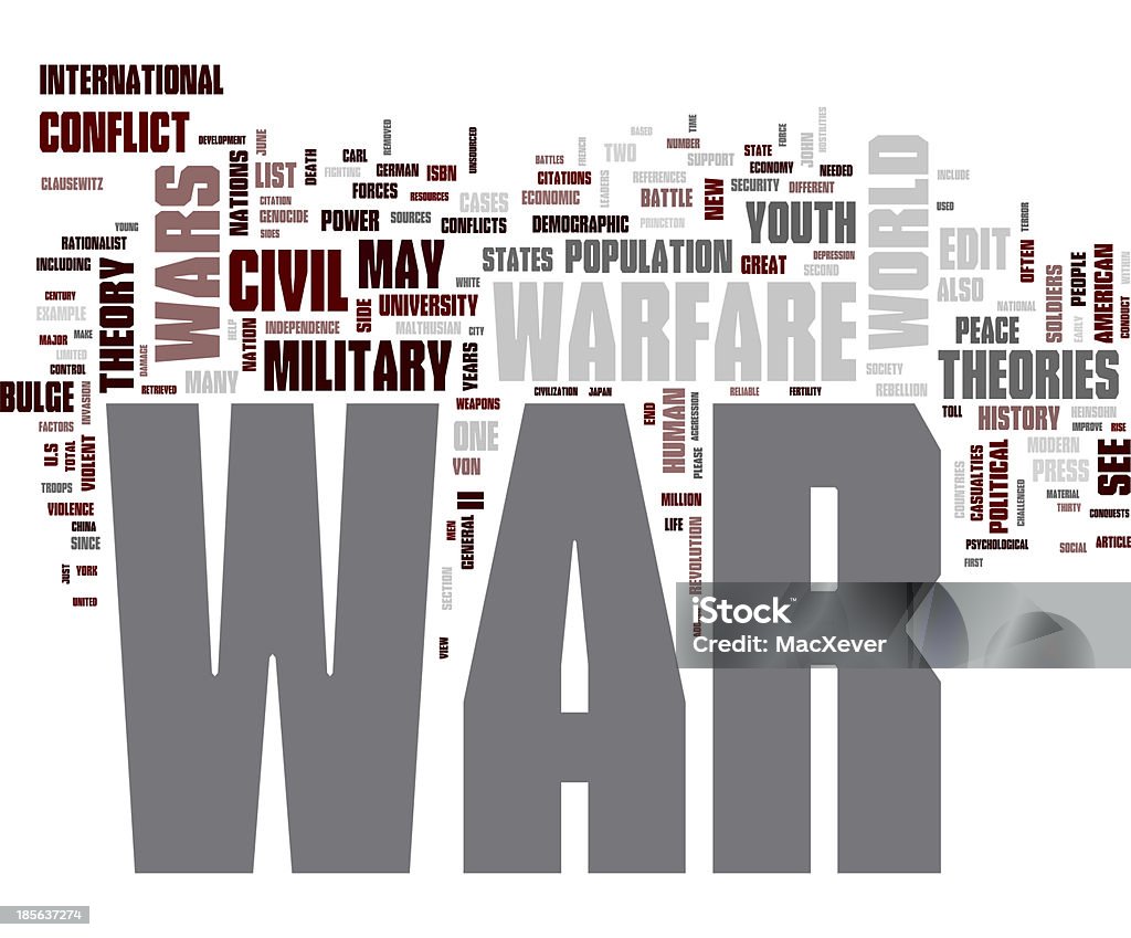 was War related concepts in word tag cloud isolated on white background Aggression Stock Photo