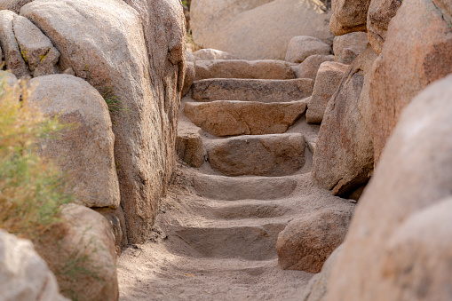 Built in rock stairs, step, along a trail, path in Joshua Tree National Park - California near Twentynine Palms, California