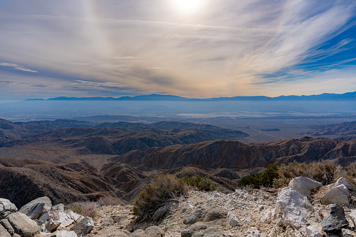 Late afternoon distant view looking west in the desert of Joshua Tree National Park, near Twentynine Palms, California