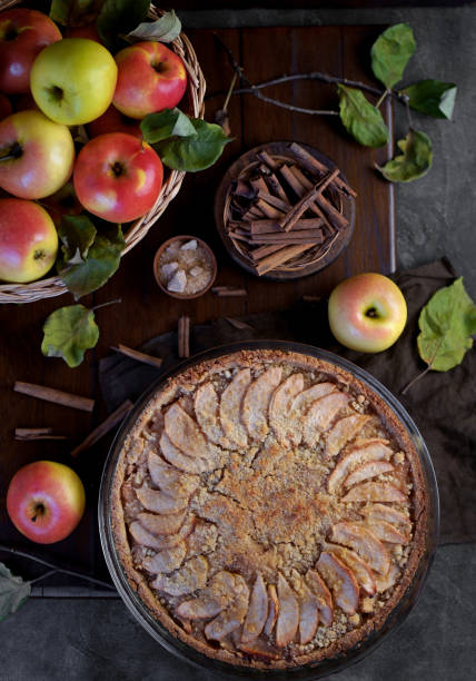 istock Apples and cinnamon are used in baking. Homemade apple pie on dark rustic background, top view. Classic autumn dessert 1856421990