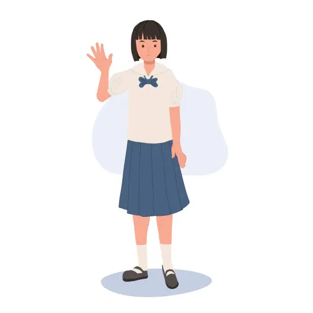 Vector illustration of Back to School Concept. Education and Joy. Happy Thai Student in Uniform Waving