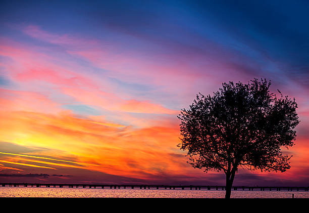 atardecer en el lago - carretera sobre agua fotografías e imágenes de stock