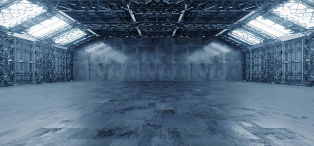istock Bright Futuristic Sci Fi Massive Warehouse Hangar Concrete Metal Structure Alien Tunnel Corridor Huge Room Glowing Lights Cyber Stage Showroom Parking 3D Rendering 1856436504