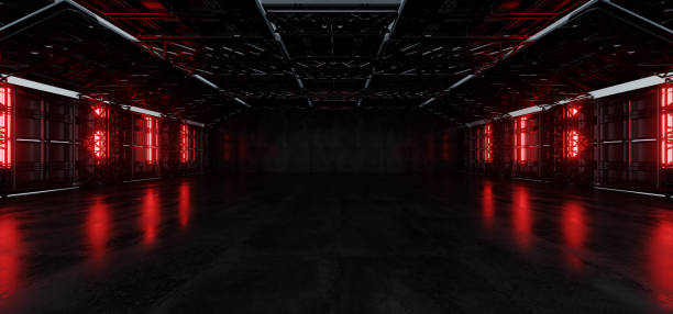 istock Dark Underground Futuristic Sci Fi Warehouse Hangar Concrete Metal Structure Alien Tunnel Corridor Huge Room Glowing Red Lights Cyber Stage Showroom Parking 3D Rendering 1856437016