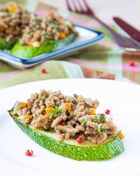 istock Tasty appetizer, fried meat beef on  slice of grilled zucchini 185644015