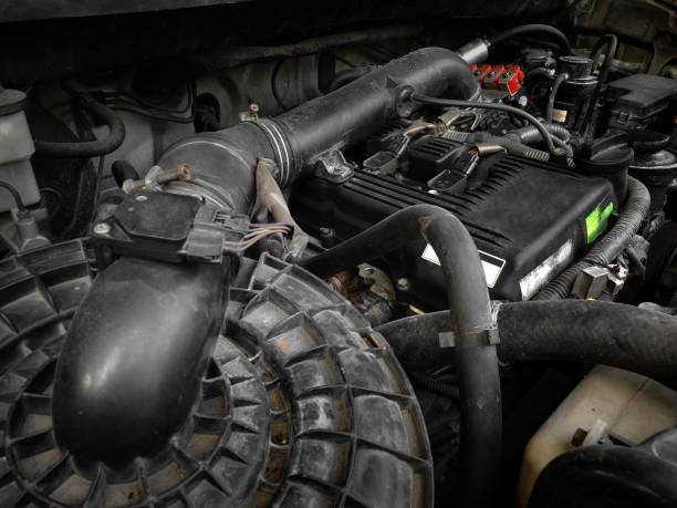 istock Modern car engine in dust under the hood 1856441097