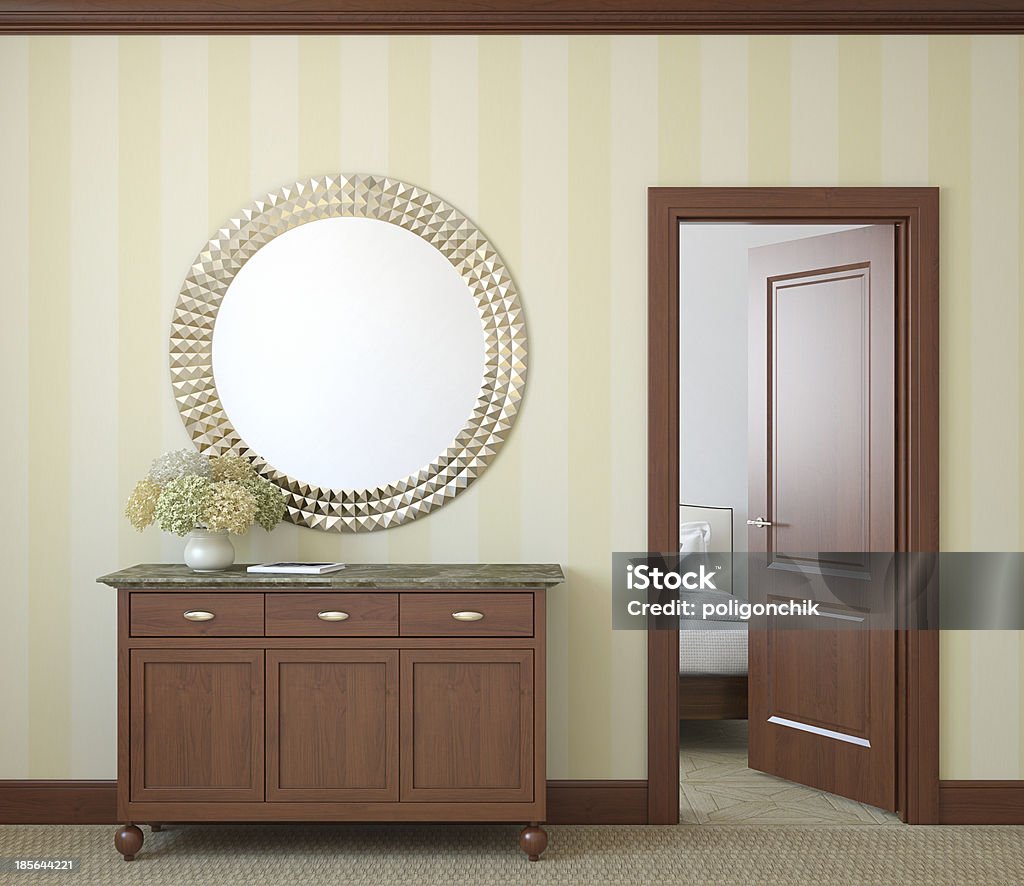 Hallway of a classic style house with half open door to room Modern hallway with open door. 3d render. Door Stock Photo