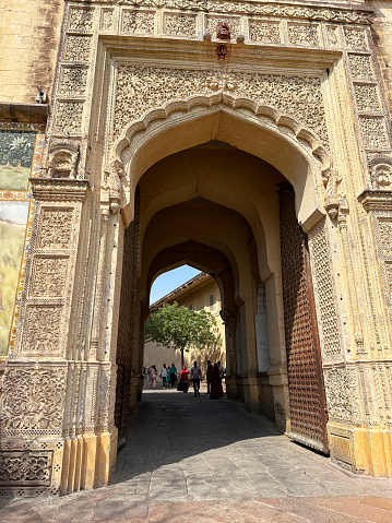 Jodhpur, Rajasthan, India - April, 11 2023: Stock photo showing view of  Jodhpur's Mehrangarh Fort covered corridor and gateway.