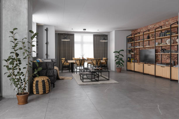 Industrial Style Living Room With Sofa, Dining Table, Chairs, Television Set And Brick Wall