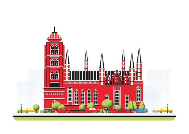 Vector illustration of Old red cathedral building in flat style with trees and cars. City scene isolated on white background. Urban architecture. Medieval church.