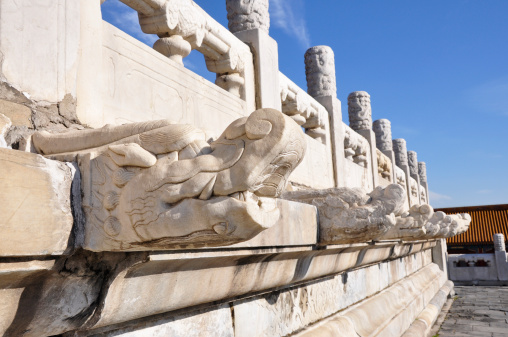 Shot of a row of dragon head sculptures at the Forbidden Palace, Beijing, China.