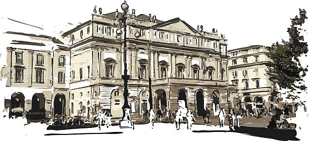 Teartro La Scala Vector illustration of Theter "La Scala" in Milan in watercolor effect. Each color is placed on a single level. You can easily change the colors or change details according to your needs. one point perspective person stock illustrations