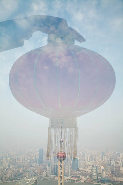 Holding Chinese Lantern, Shanghai Skyline