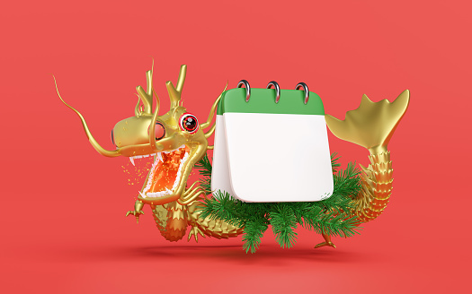 3d Christmas calendar empty with gold dragon, pine leaves. chinese new year 2024 capricorn. 3d render illustration