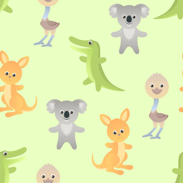 zabawny słodki australijski wzór bezszwowy. kreskówka krokodyl, miś koala, struś emu i kangur. postać dziecięca. prosta ilustracja wektorowa. - animal doodle bear kangaroo stock illustrations