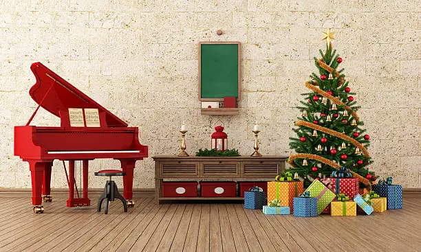 Vintage living room with christmas-tree decoration and red grand-piano