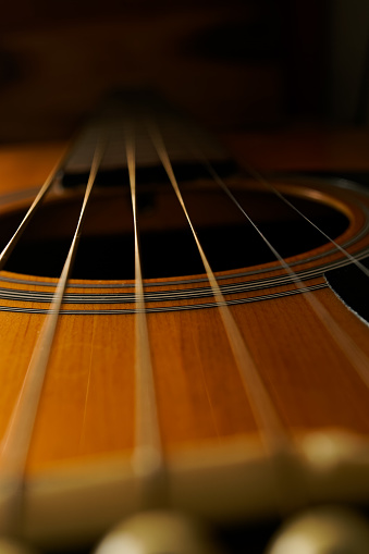 close-up of Spanish guitar strings vibrating against a black background