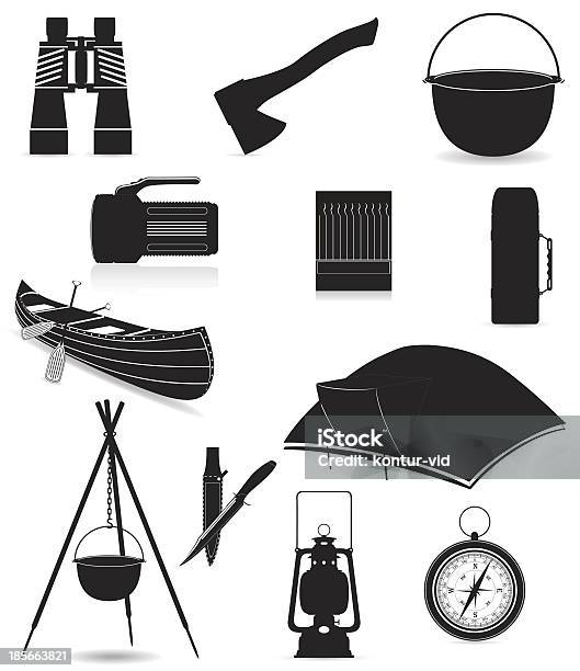 Definir Itens De Ícones Para Outdoor De Preto Silhueta Vector Ilustração - Arte vetorial de stock e mais imagens de Acampar