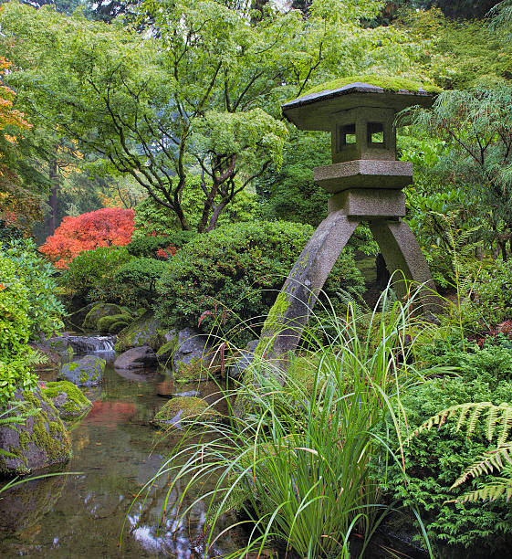 istock Japanese Stone Lantern by Water Stream 185664480