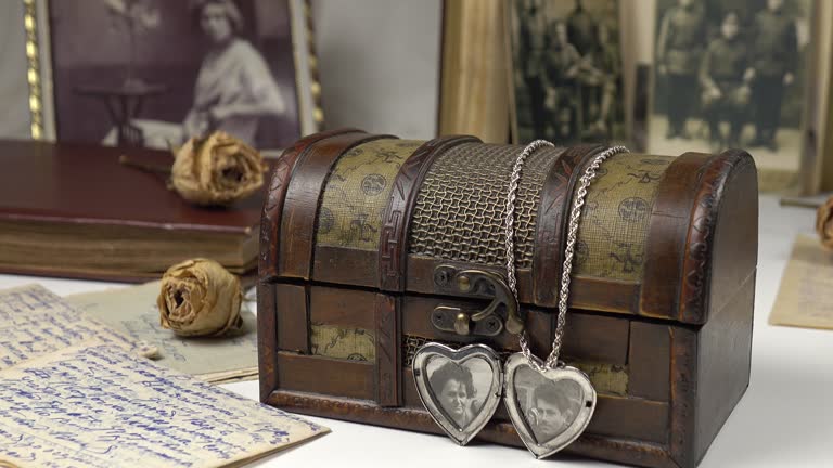 Old photographs and silver pendant in the shape of a heart with photographs are on a white table, memory, nostalgia.