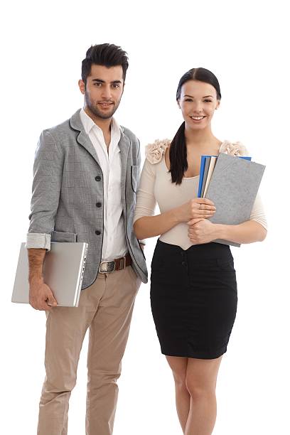 istock Happy businesspeople with files and laptop 185666039
