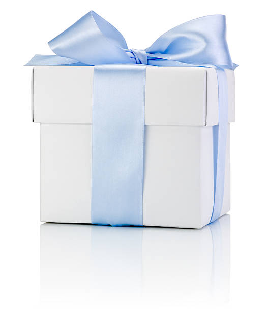 istock One White boxs tied Blue satin ribbon bow Isolated 185666364