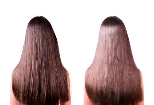 girl with long straight brown hair. rear view. hair straightening, before and after. two images in one photo. isolated on a white background.