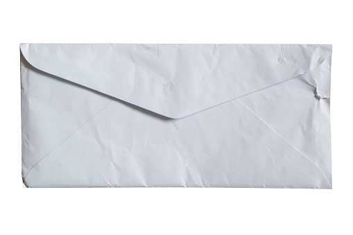 Old white envelope on white background with clipping path