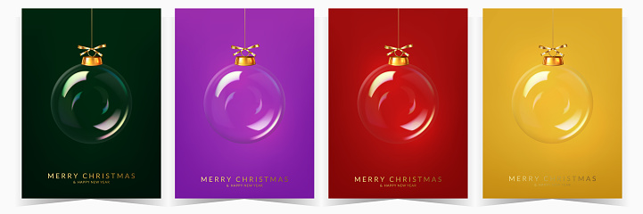 Set of Christmas greeting cards with christmas balls with gold bow.