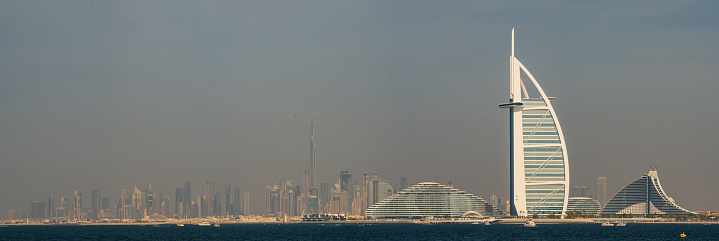 Dubai, 12th of November 2023. A view from the palm islands on Burj al arab and Burj Khalifa.