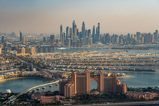 Dubai, 24th of November 2023. A stunning aerial view over Dubai skyline, from the Palm island to the Dubai Marina.