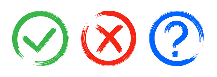 Dirty grunge cross x, tick OK and question check marks in check boxes, hand drawn with brush strokes vector illustration isolated on white background. Question mark, symbol NO, YES web button for vote