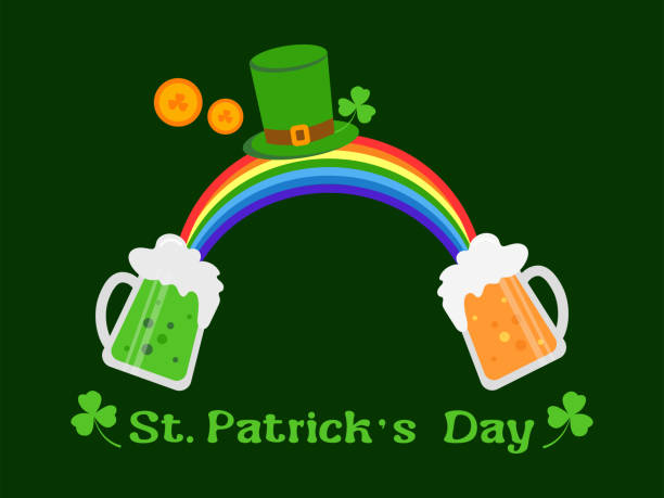 Vector greeting card or poster template for St. Patrick's Day with an image of a rainbow and leprechaun hat, with beer glasses and gold coins, shamrock. Vector greeting card or poster template for St. Patrick's Day with an image of a rainbow and leprechaun hat, with beer glasses and gold coins, shamrock. Vector illustration with a congratulatory inscription. lucky jade stock illustrations