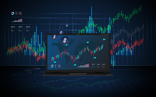 Forex trading signals. Investment strategies and online trading signals on laptop concepts. Financial chart buy and sell signals for stock exchange market concept.