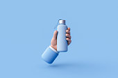 3d rendering cartoon hand holding Shaker water bottle on blue background.