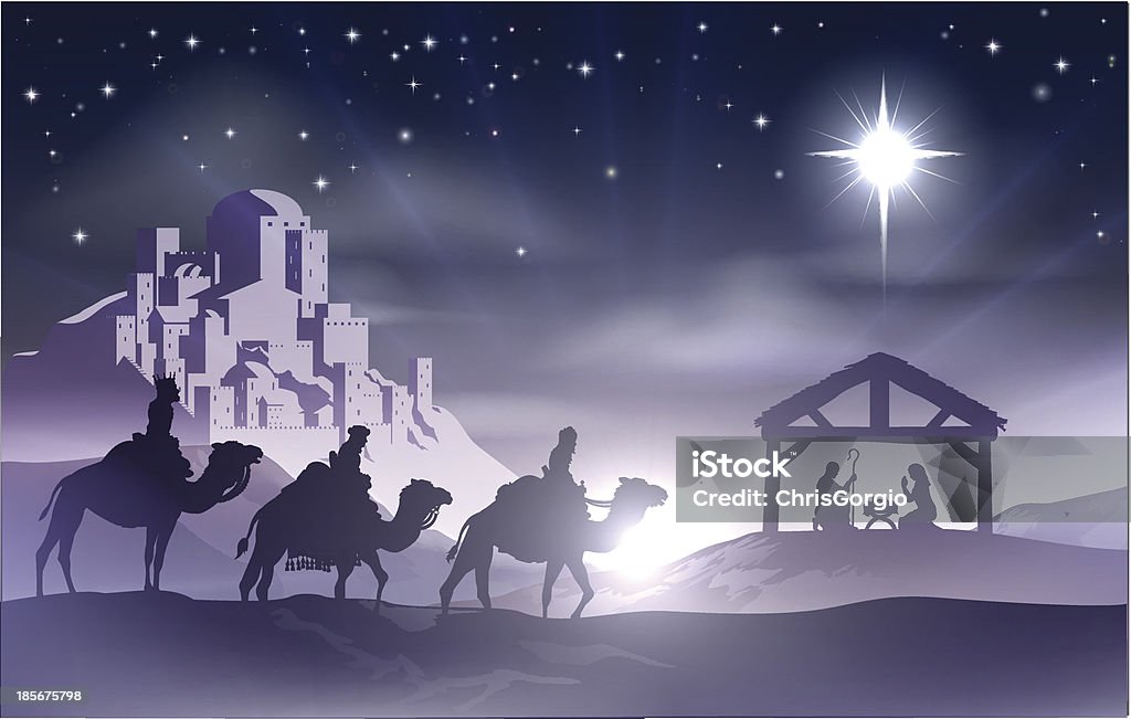 Nativity Christmas Scene Christmas Christian nativity scene with baby Jesus in the manger in silhouette, three wise men or kings and star of Bethlehem with the city of Bethlehem in the distance Nativity Scene stock vector