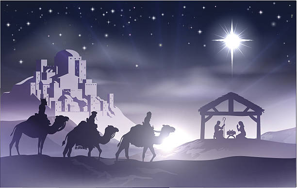 Nativity Christmas Scene Christmas Christian nativity scene with baby Jesus in the manger in silhouette, three wise men or kings and star of Bethlehem with the city of Bethlehem in the distance nativety stock illustrations