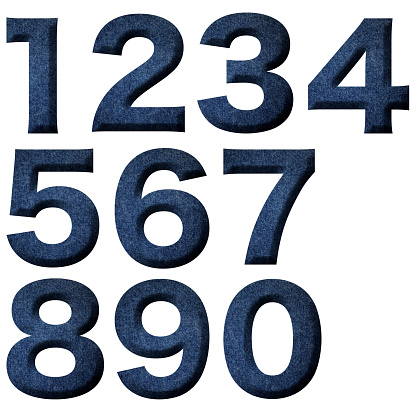 Close-up of three-dimensional Denim numbers from 0 to 9 on white background.