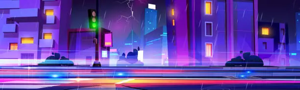 Vector illustration of City at night in rain with thunder and lightning.
