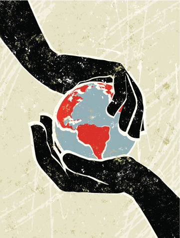 Fragile Earth! A stylized vector cartoon of hand's cradling a World Globe, reminiscent of an old screen print poster and suggesting, protection, Environmental Conservation,  conservation, environmental issues or Global warming. Earth, both hands, paper texture, and background are on different layers for easy editing. Please note: clipping paths have been used, an eps version is included without the path.