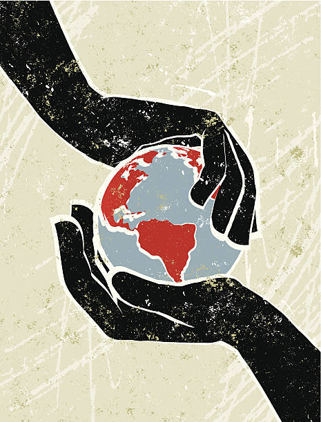 Hand's Cradling a World Map Globe Fragile Earth! A stylized vector cartoon of hand's cradling a World Globe, reminiscent of an old screen print poster and suggesting, protection, Environmental Conservation,  conservation, environmental issues or Global warming. Earth, both hands, paper texture, and background are on different layers for easy editing. Please note: clipping paths have been used, an eps version is included without the path. climate change stock illustrations