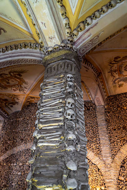 istock Column covered and decorated with human bones and skulls and the vaulted ceiling with religious allegorical paintings from The Chapel of Bones. Evora, Portugal. 1856808066