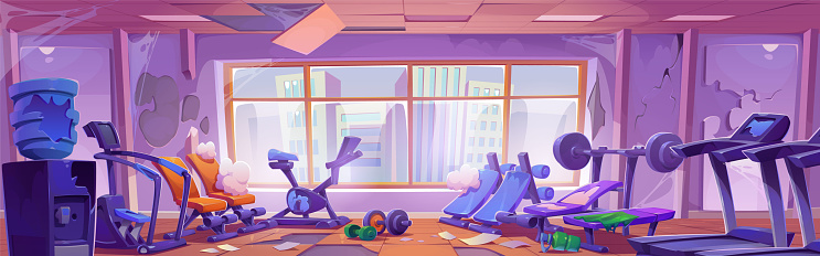 Broken and abandoned gym with smashed cardio and weight training equipment, scattered garbage and cobwebs. Cartoon vector destroyed and closed sports club with holes in walls and ceiling.