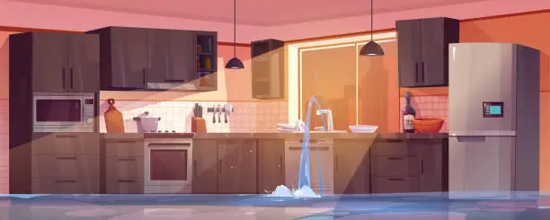 Vector illustration of Flood in broken home kitchen room with pipe leak